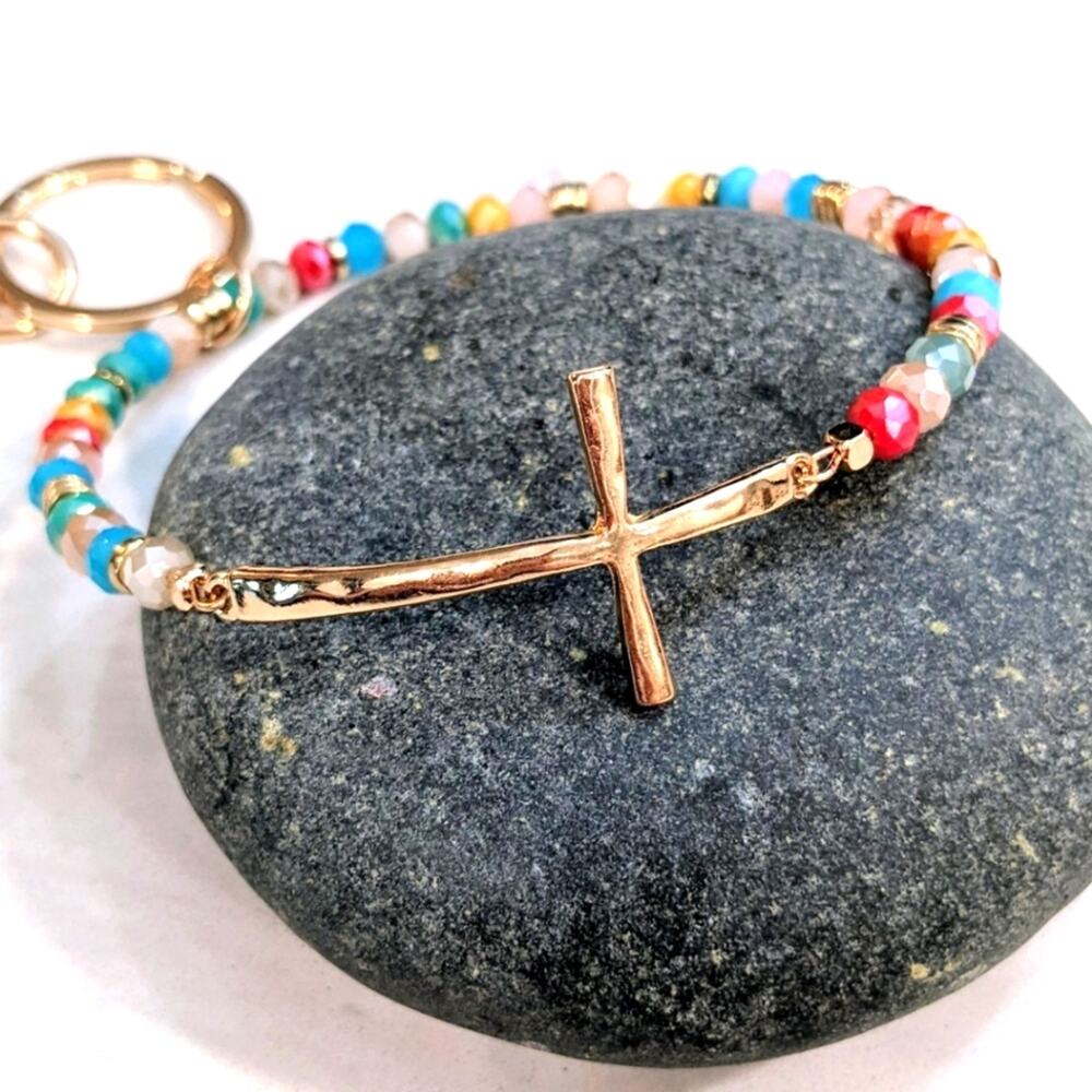 GOLD TONE CROSS Glass Bead Bracelet Style Hoop Key Chain with Closed Hook NEW